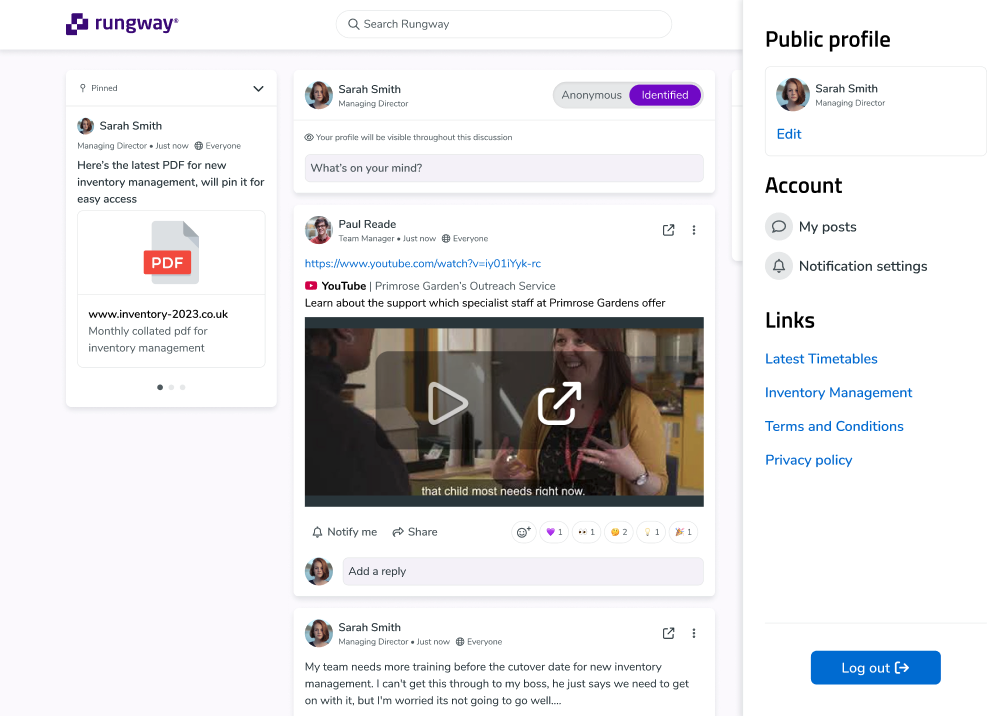 The Rungway feed: Your employees can access Rungway's platform and post unprompted ideas, questions and concerns with the option of anonymity. Connect with employees at scale and understand emerging issues as they arise.