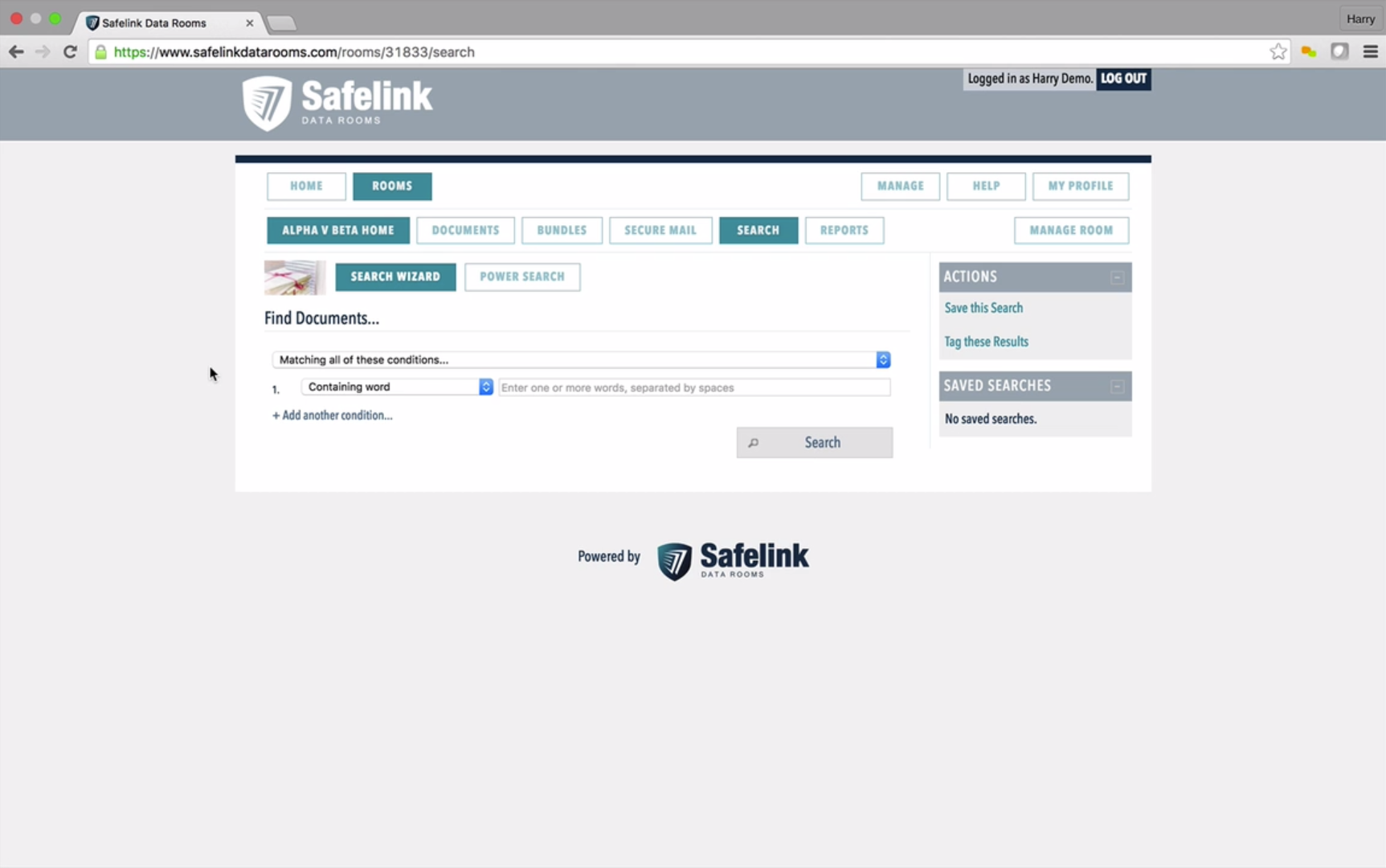 Safelink Data Rooms Software - The search wizard includes a selection of search term drop-down menus
