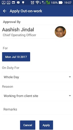 EmployWise screenshot: Apply out-on-work feature
