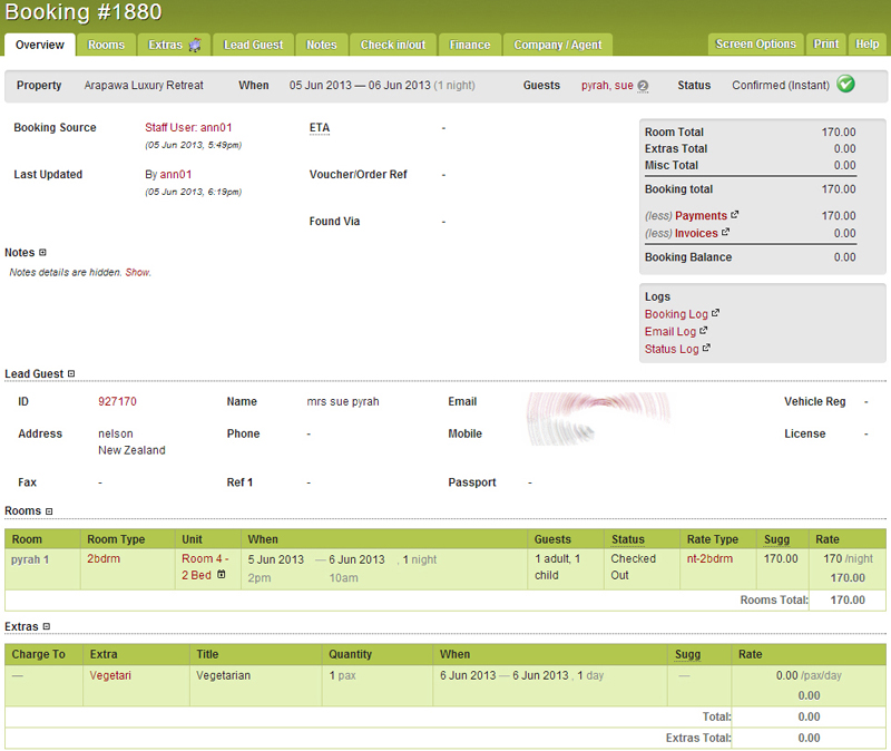 iBex PMS Software - Booking Overview shows key guest booking details and the property that they're assigned to