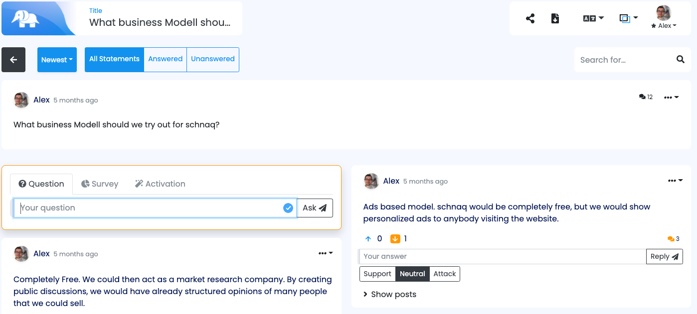 schnaq Software - Quickly see what your users discuss, and participate. Answer questions or let the AI do the work for you