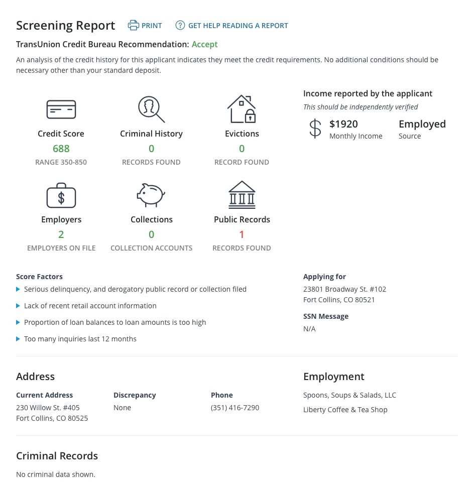 Sample screening report