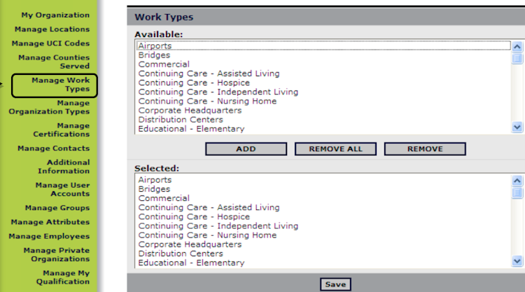 GradeBeam screenshot: GradeBeam allows users to specify the types of work they undertake, which is then listed in the contractor database