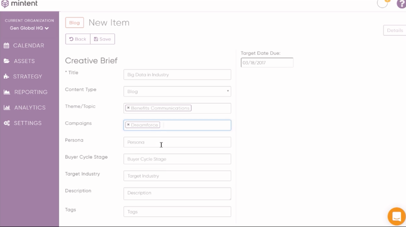 Mintent Software - Creative briefs can be created for each piece of content