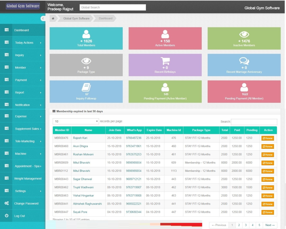 GLOBAL GYM SOFTWARE Software - GLOBAL GYM SOFTWARE dashboard