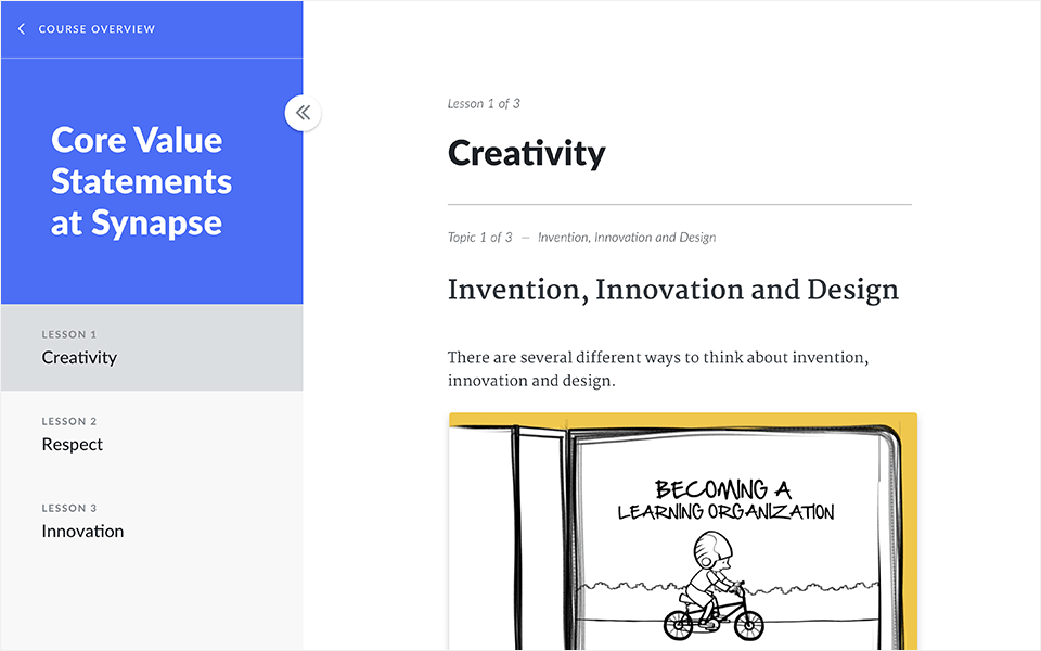 Users can create training courses with multiple lessons, and drag-and-drop lessons to reorder