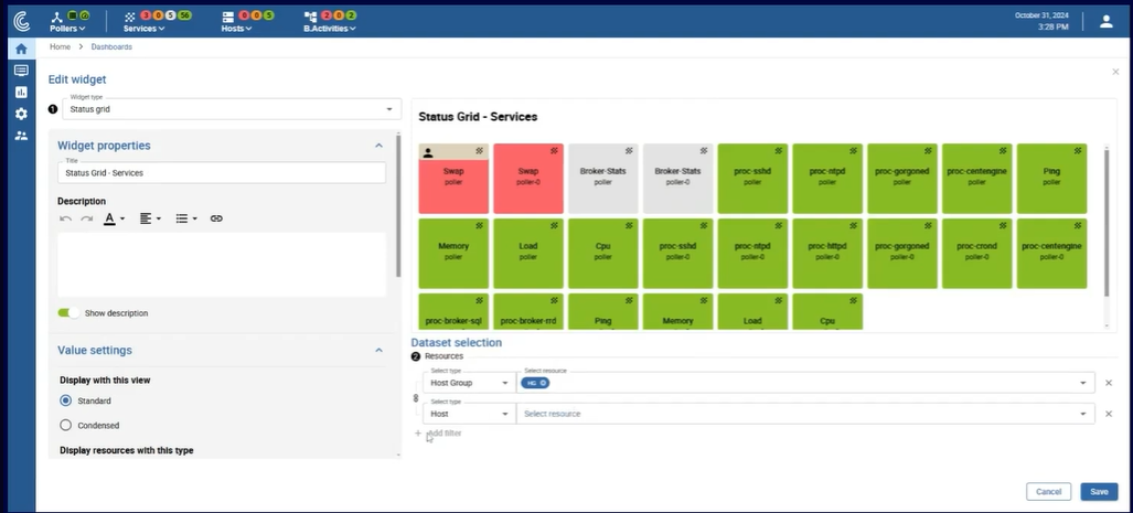 Centreon screenshot: Centreon dataset selection