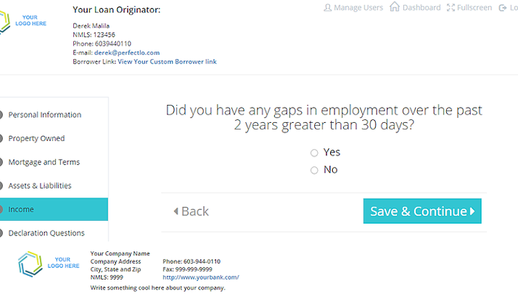 PerfectLO screenshot: Borrowers can complete the in-depth loan questionnaire at their convenience