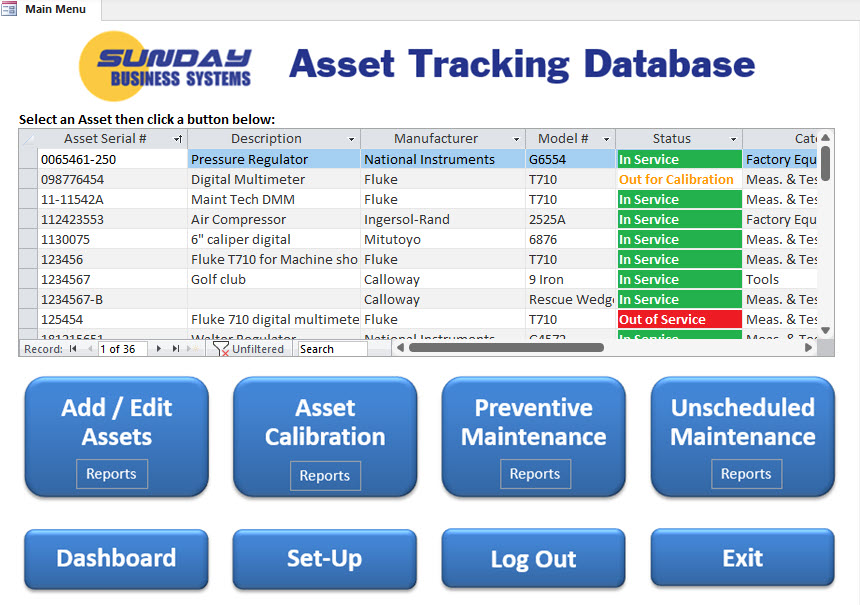 SBS Asset Tracking Database screenshot: SBS Asset Tracking Database showing asset management, calibration management, preventive maintenance, and unscheduled maintenance.