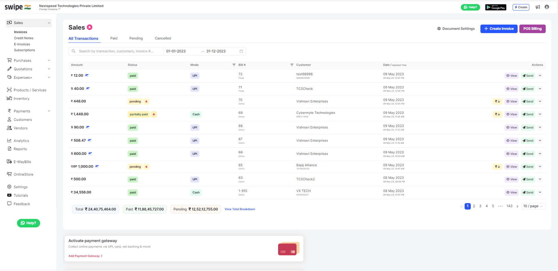 Swipe screenshot: Swipe sales dashboard