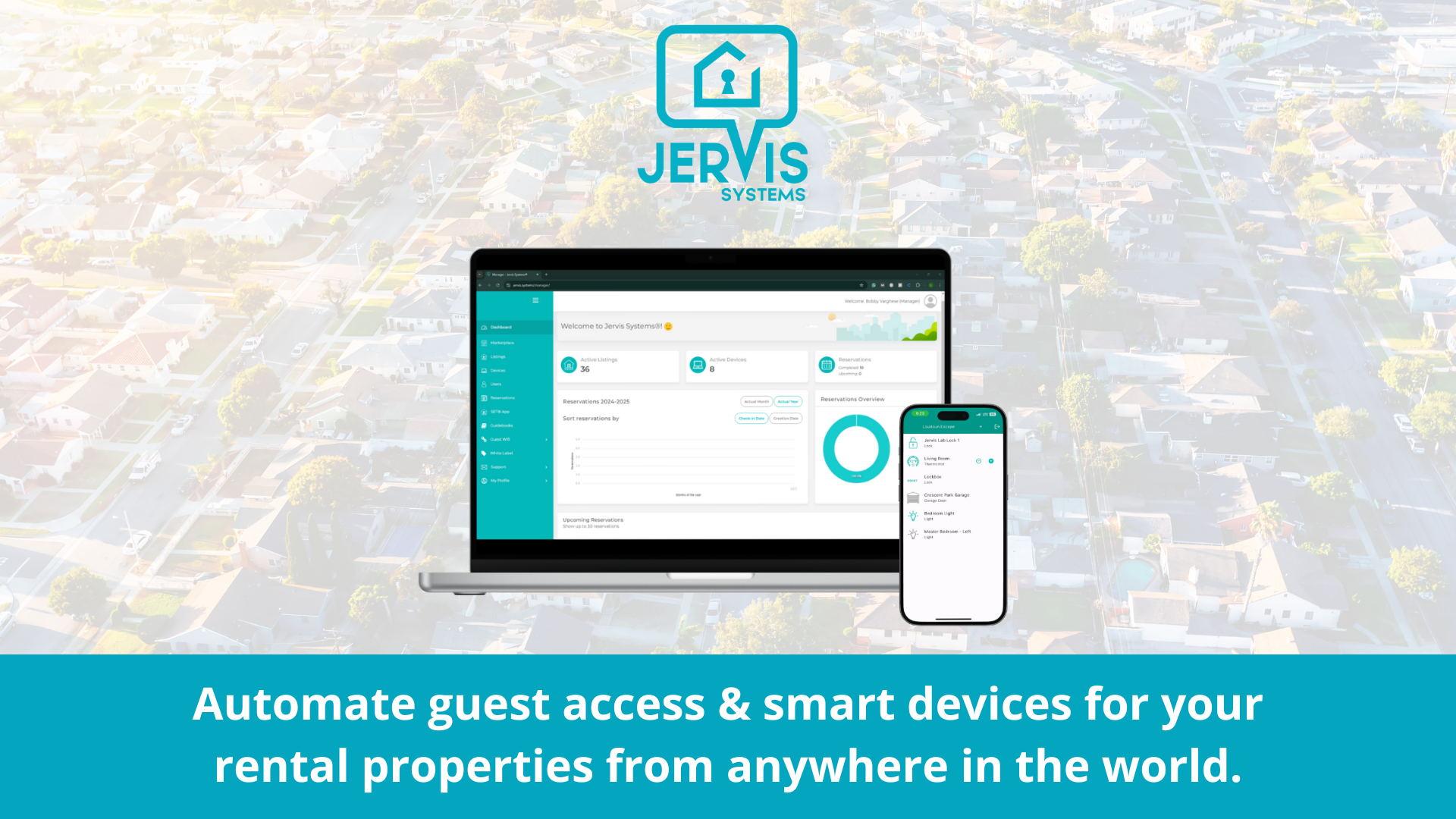Jervis systems screenshot: Screenshots of Jervis Systems with mobile and desktop view on city background with text "Automate guest access & smart devices for your rental properties from anywhere in the world."