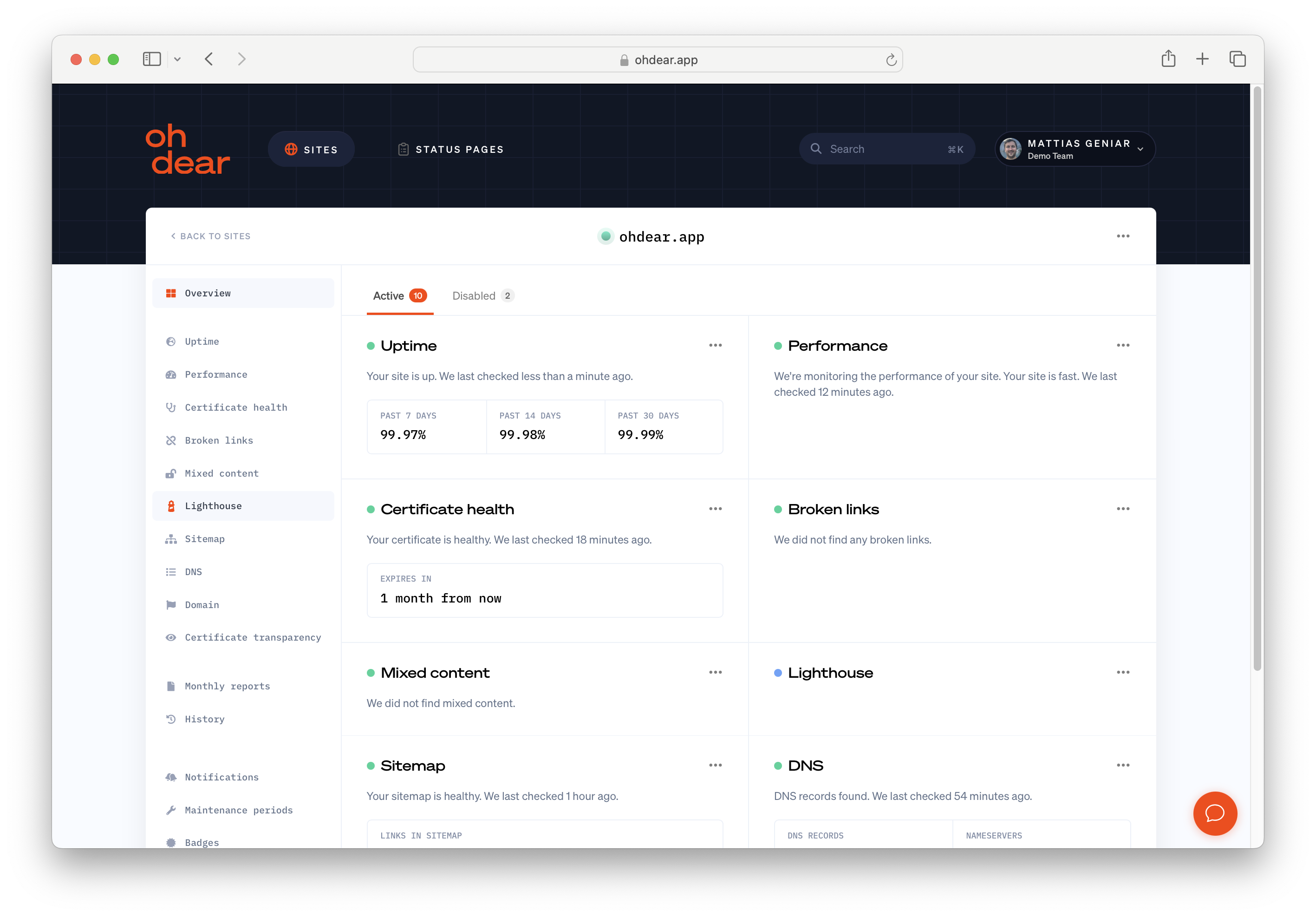 Oh Dear Software - An overview of all enabled monitors for a website. Each can be enabled or disabled as you see fit. Your plan includes all types of monitors by default.