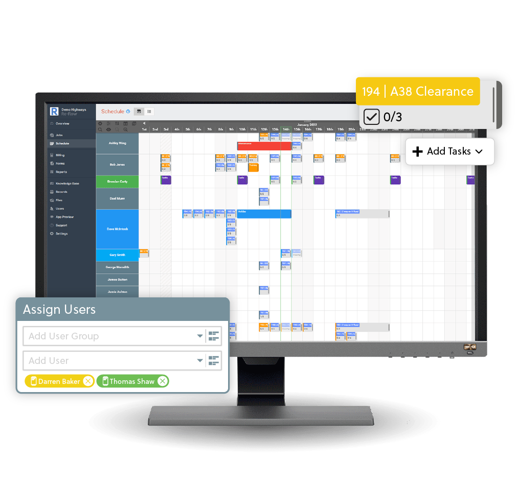 Re-flow Software - Schedule users, vehicles and equipment to your job. Schedule conflict alerts ensure you never double-book staff or equipment. Re-flow's resource allocation feature ensures future bookings go ahead smoothly  and you always have what you need.