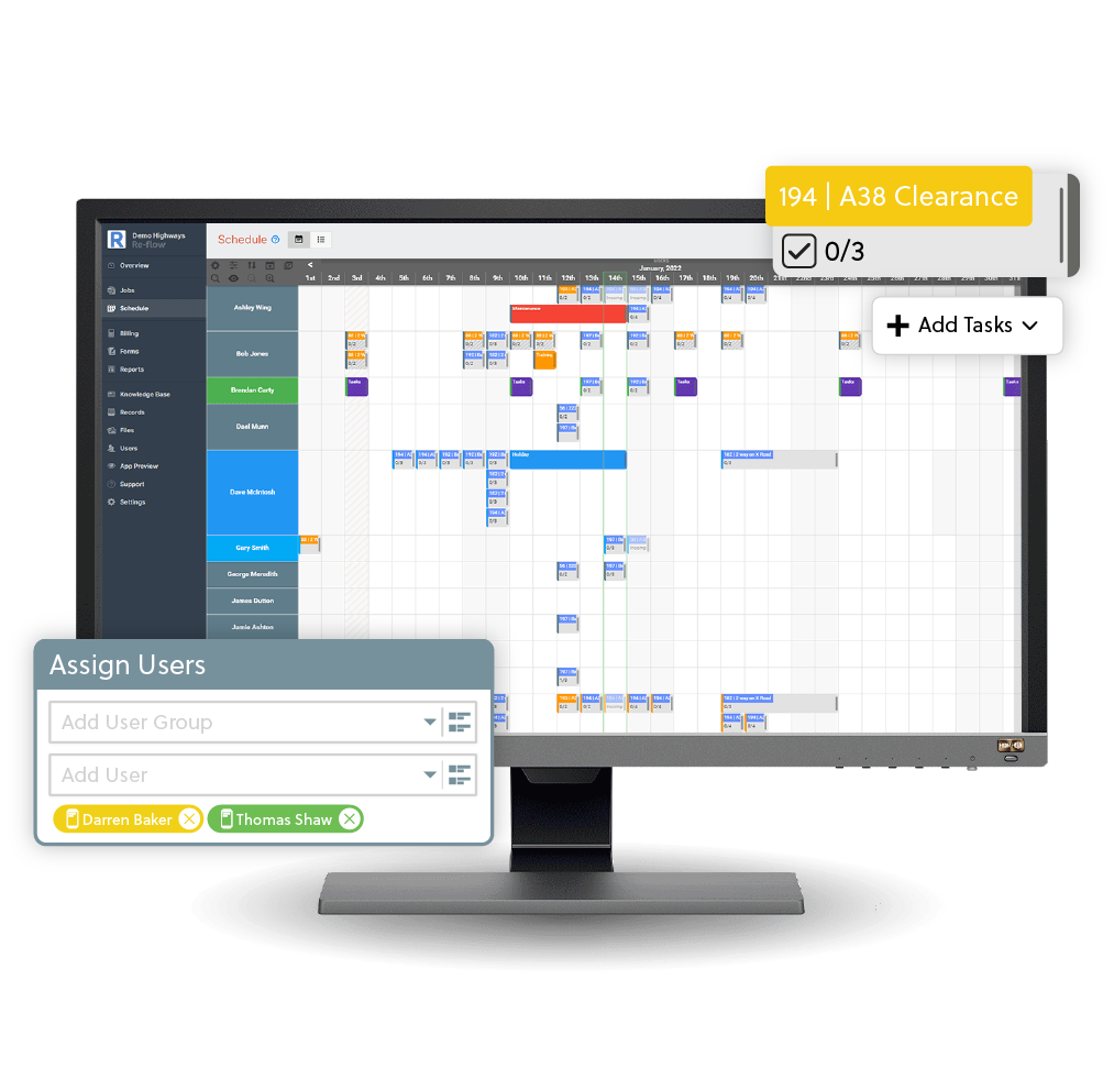 Re-flow Software - Schedule users, vehicles and equipment to your job. Schedule conflict alerts ensure you never double-book staff or equipment. Re-flow's resource allocation feature ensures future bookings go ahead smoothly and you always have what you need.