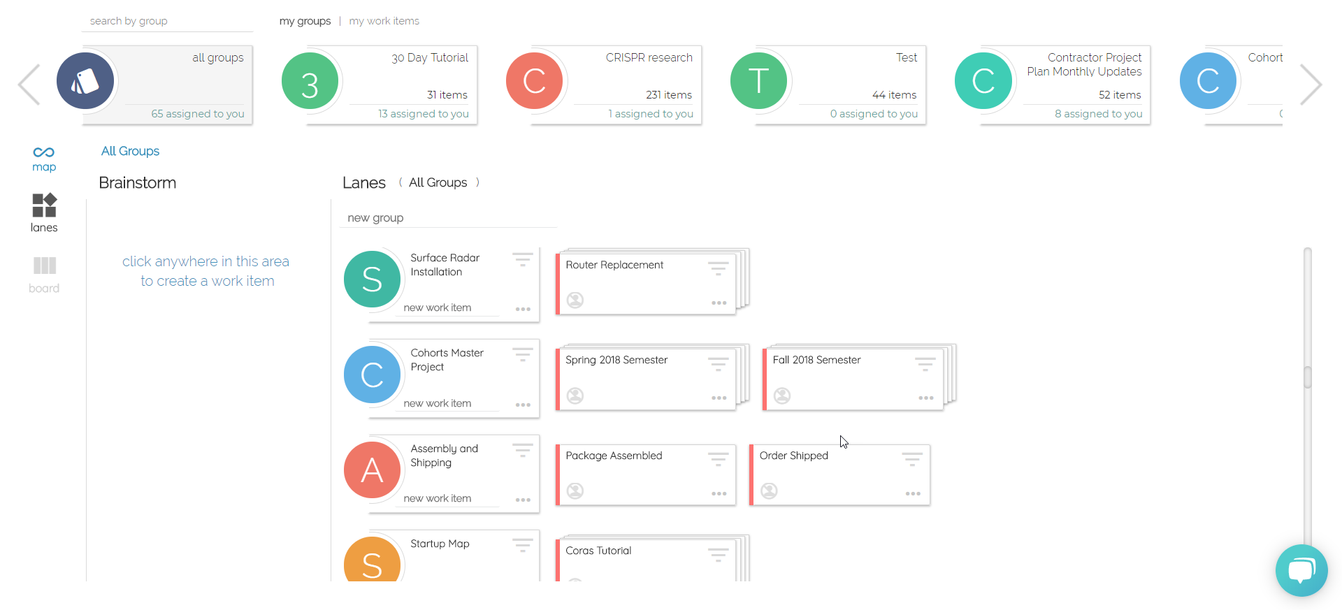 Coras screenshot: Kanban boards with unlimited lanes allow teams to plan their workload