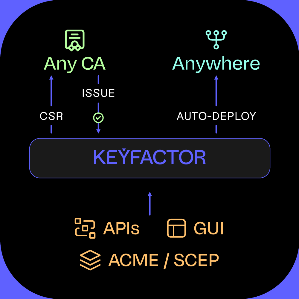 Keyfactor screenshot: This is a Keyfactor function diagram demonstrating the connection between APIs, PKI systems, and Certificate Authorities.