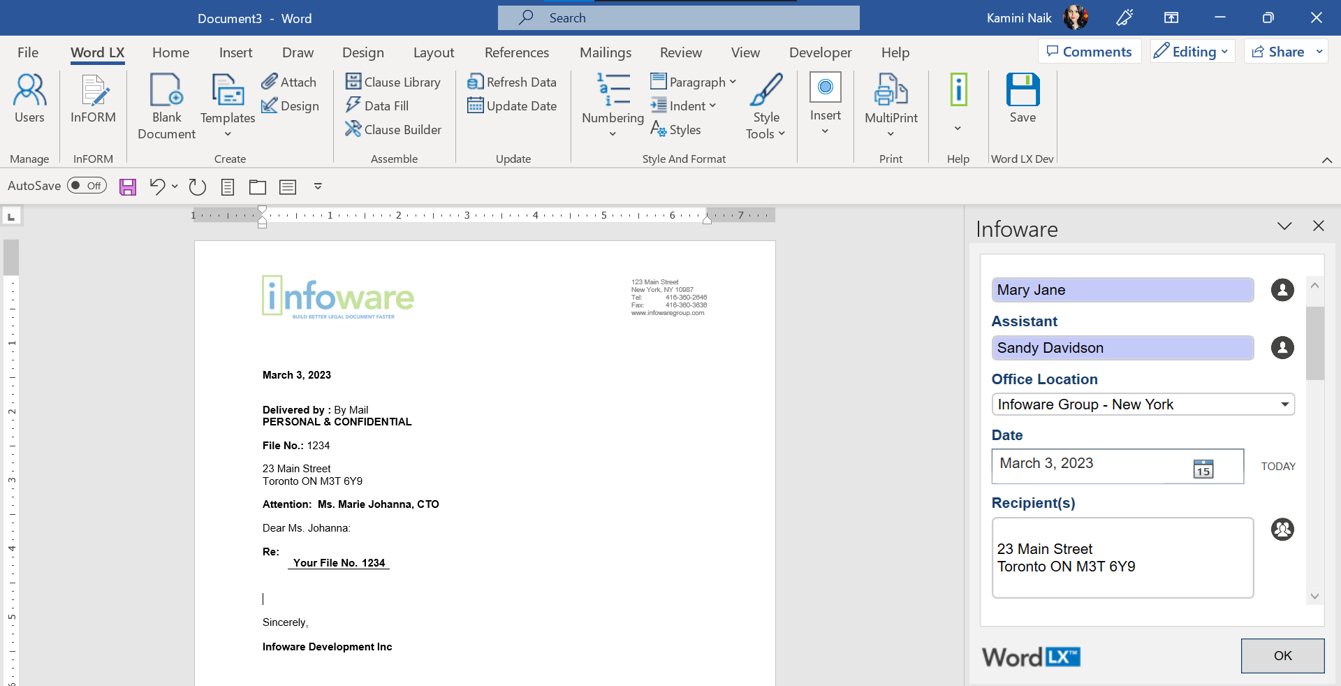Word LX screenshot: Create letters quickly and easily using Data Fill Interface