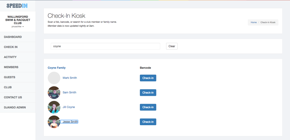 SpeedIn screenshot: Search names or scan barcodes or RFID to check-in members