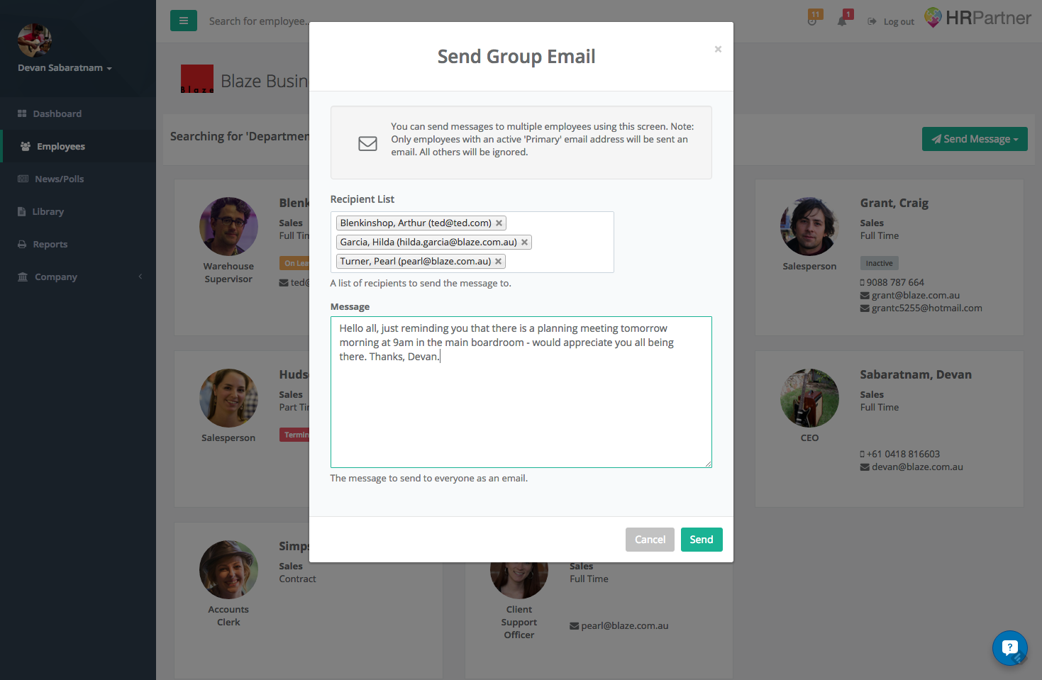 HR Partner Software - Users can create and send emails to employees for any news, updates, or reminders via the platform