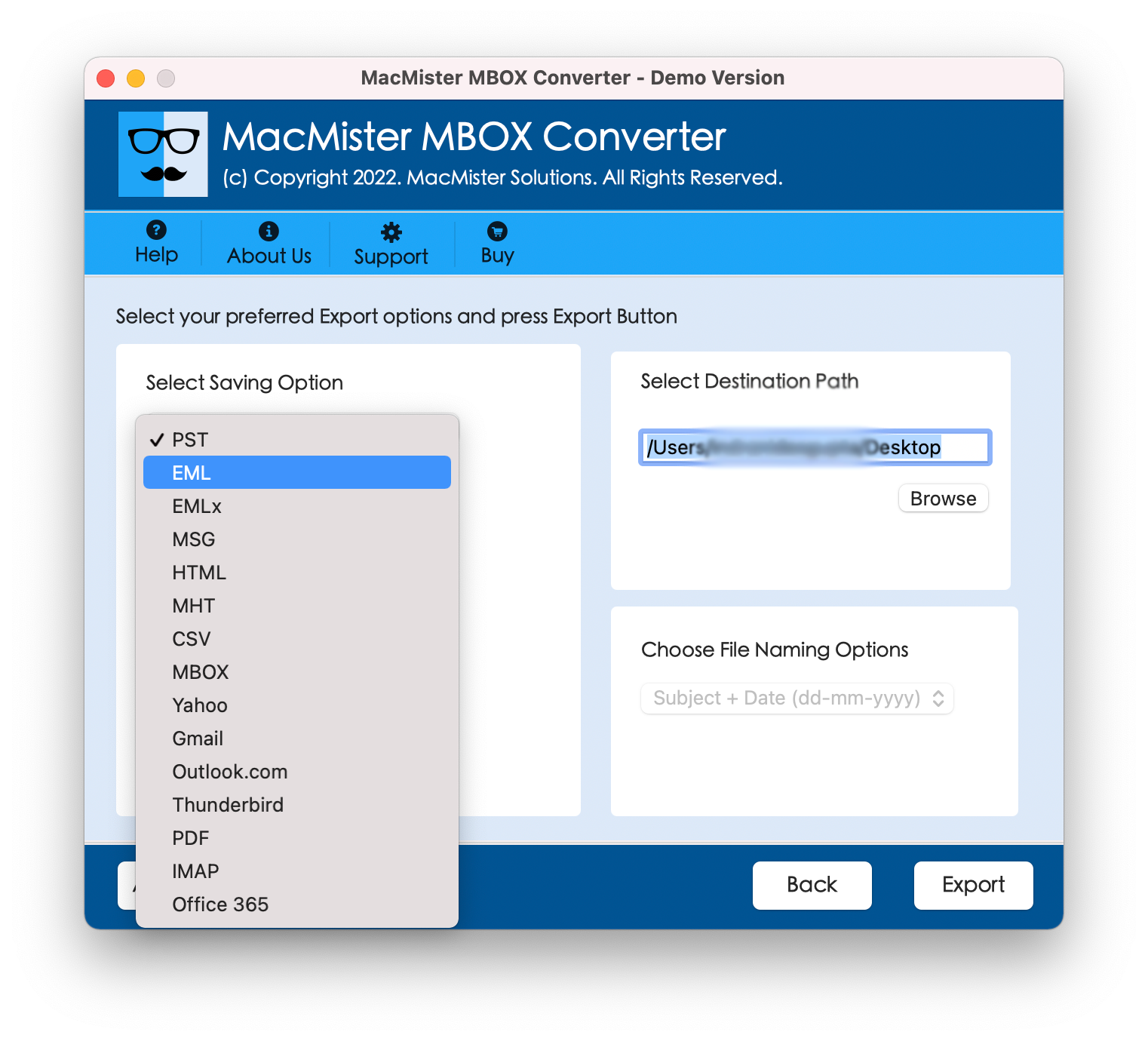 MacMister MBOX Converter screenshot: Multiple Saving Options