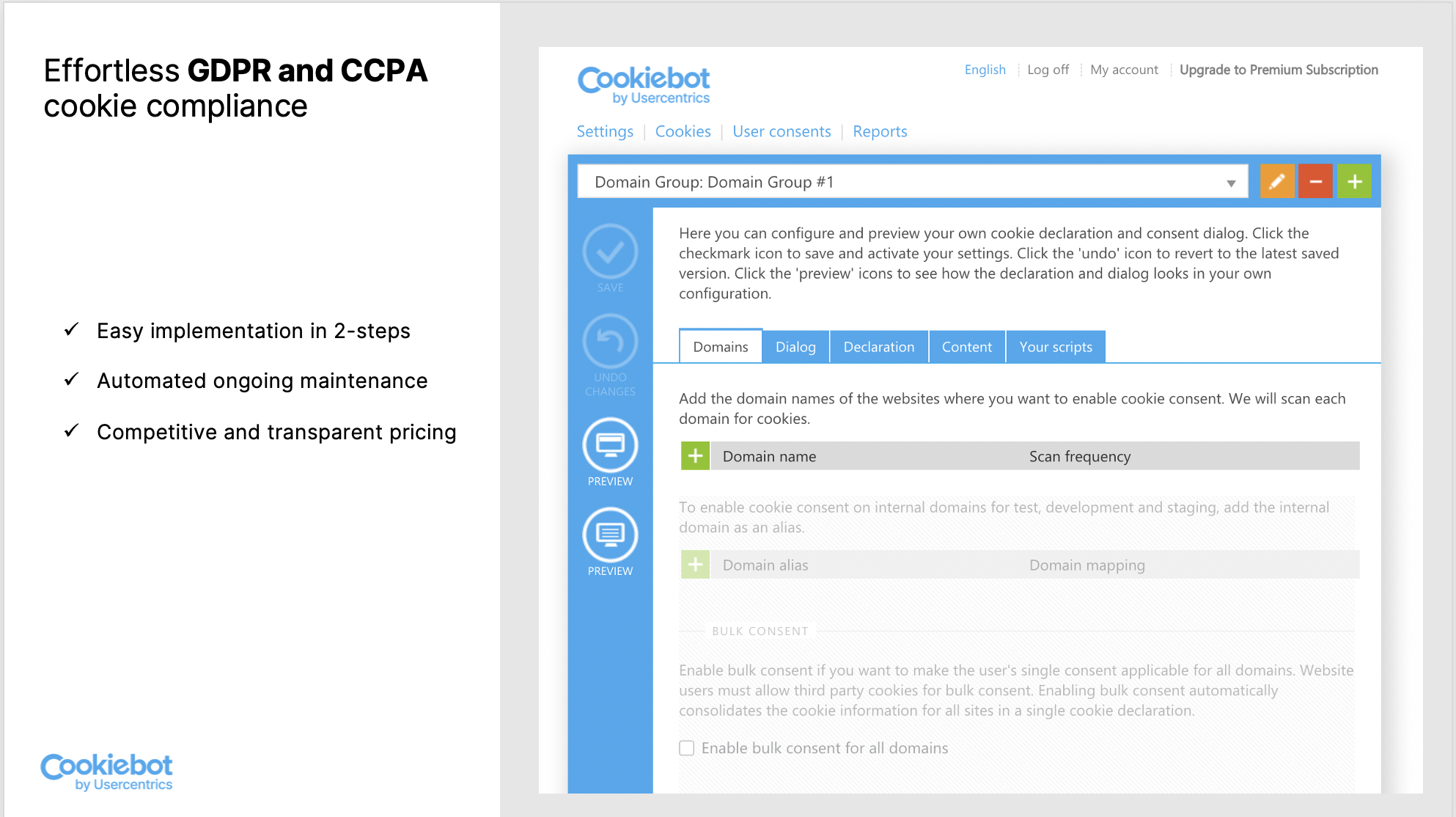 Cookiebot CMP screenshot: Effortless compliance
