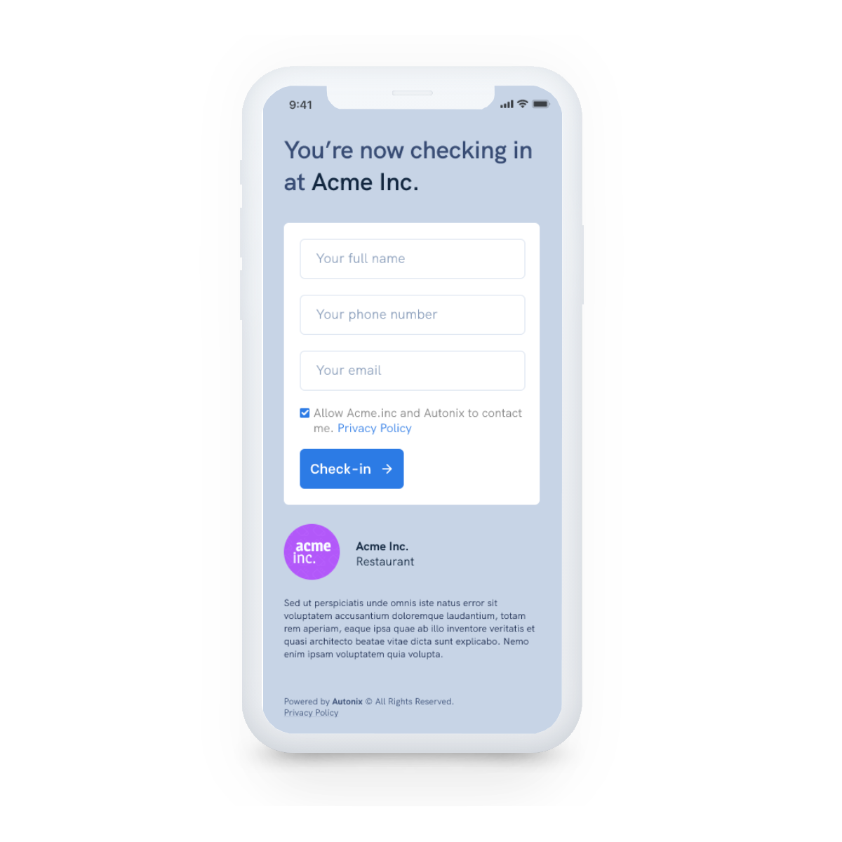 Autonix screenshot: Visitors who check-in with QR Code or Web URL visit an informational check-in screen.  Set which fields are required. Customize with your logo, a welcome message, thank you message and redirect URL. Check-out simply by revisiting this same destination.