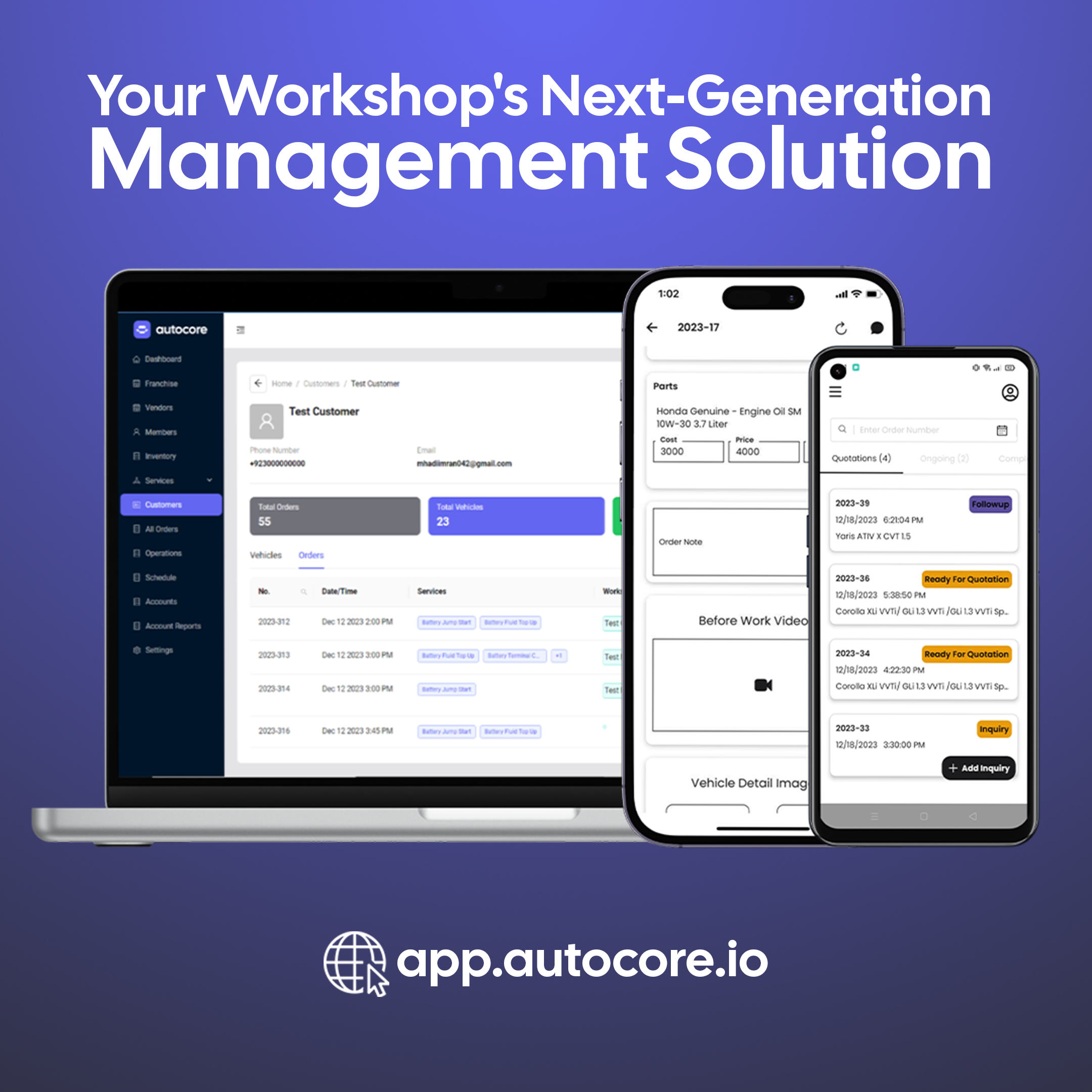 autocore.io Software - A Workshop Management Solution like no other, autocore.io is a Cloud Based Workshop Management Software which allows you to operate and mange your workshop on the go by giving you access to everything you need either through the mobile app or the web app.