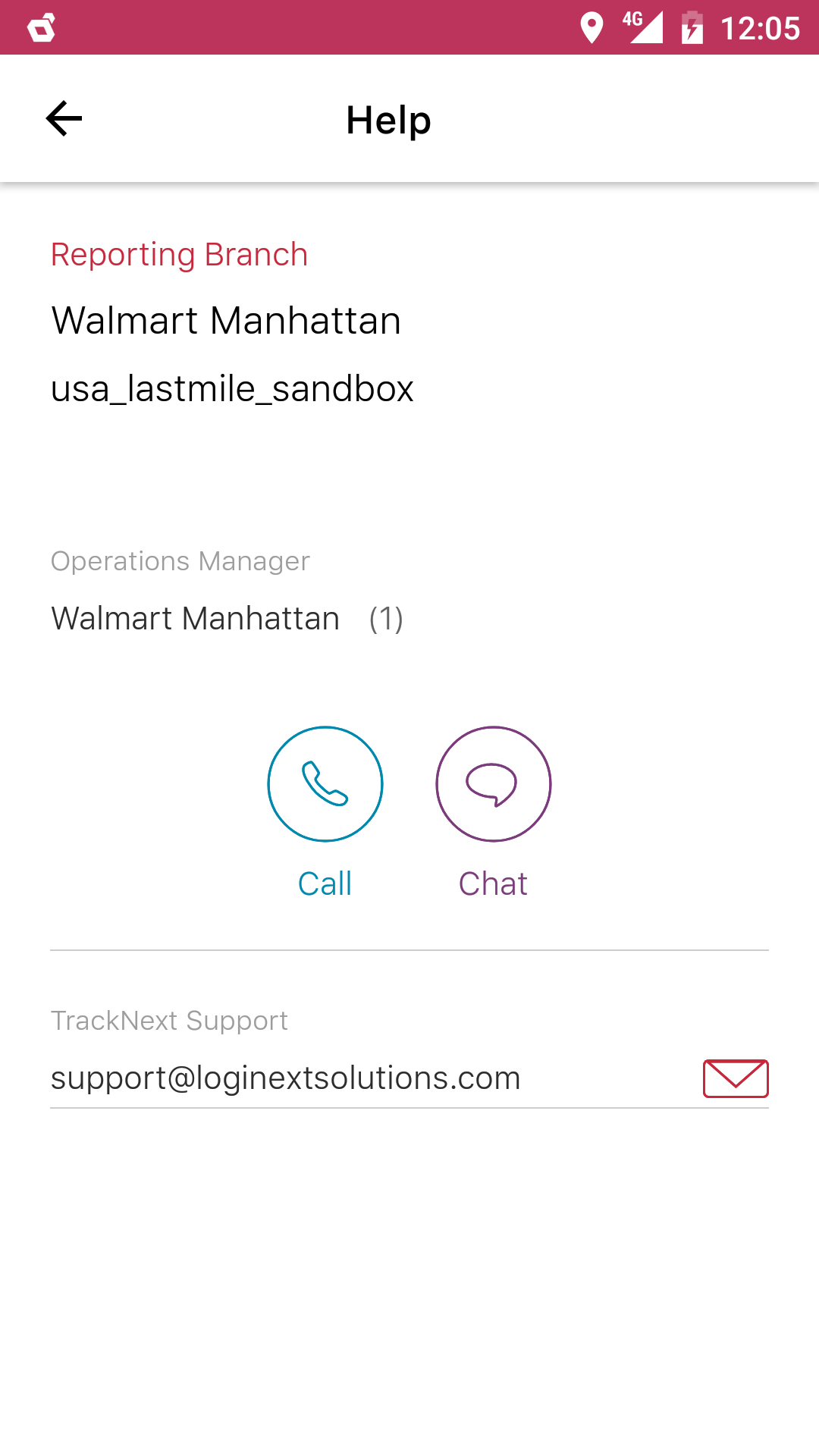 Help screen with branch details