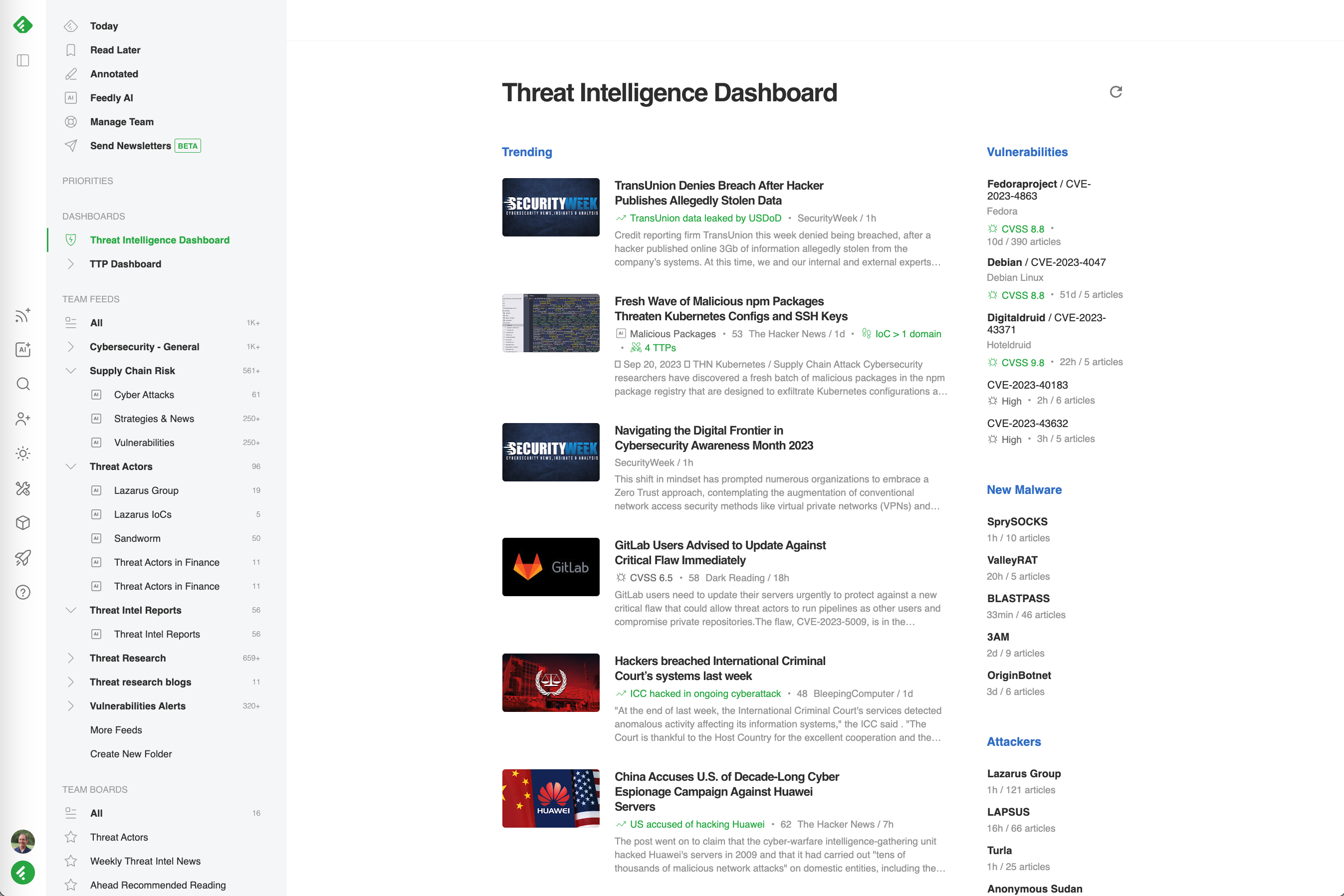 Threat Intelligence Dashboard including trending vulnerabilities and new malware. 