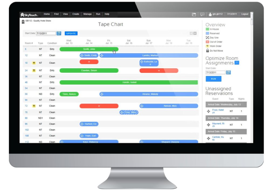 SkyTouch Hotel OS Software - The tape chart provides a holistic view of reservations at a glance