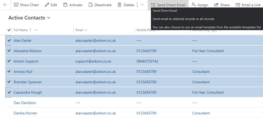 Arkom Membership screenshot: Arkom Membership bulk email sending