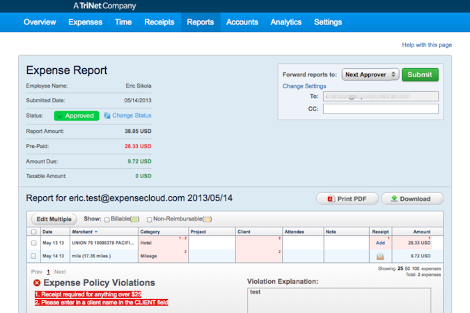 TriNet screenshot: TriNet expenses reports