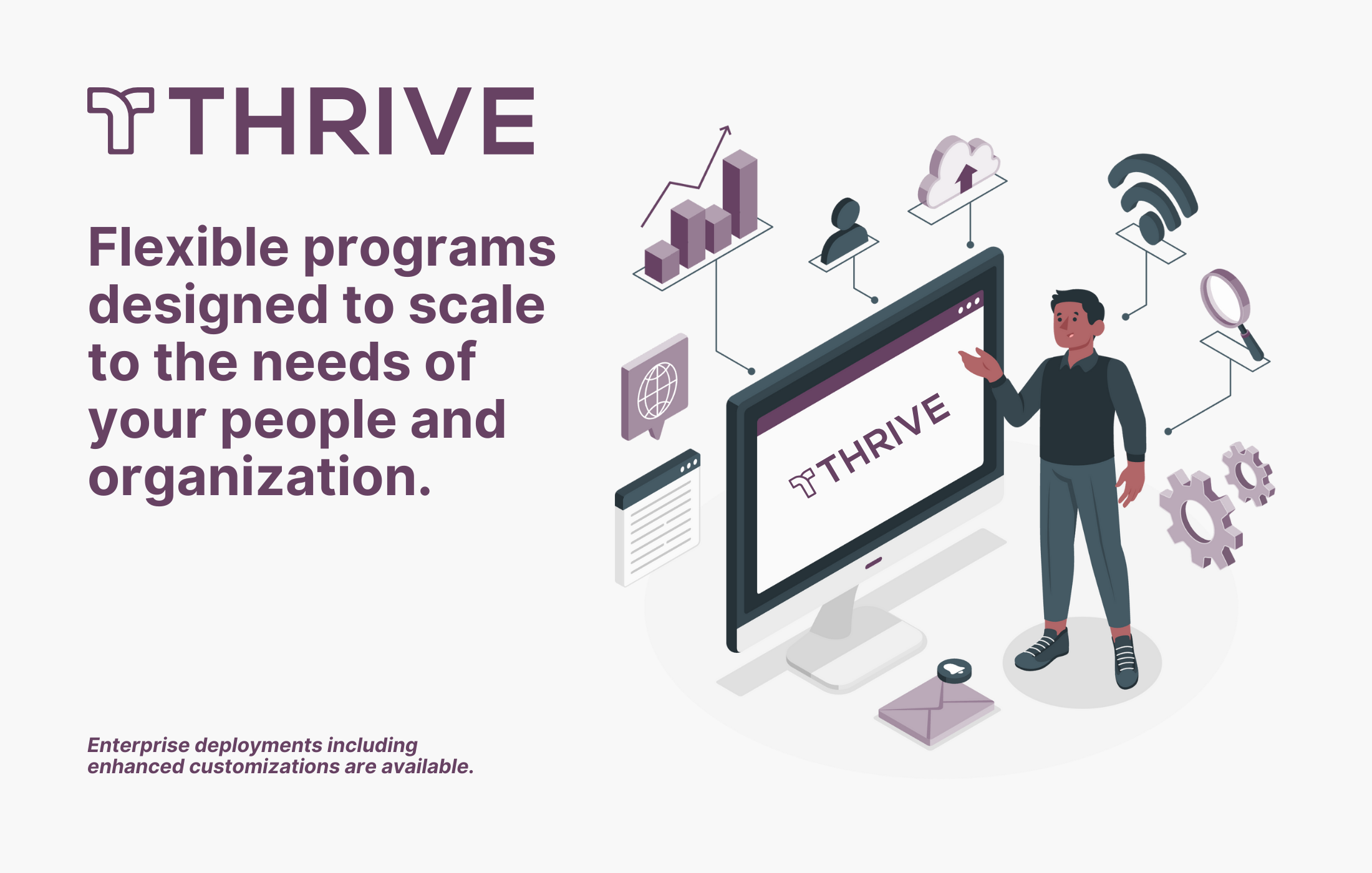 Thrive screenshot: Fully customizable deployments of the Thrive platform can scale to support any organizational needs. From Enterprise API Integrations, Advanced Programs, Implementation Support, White Label Solutions, Thrive can be deployed in various ways to help.
