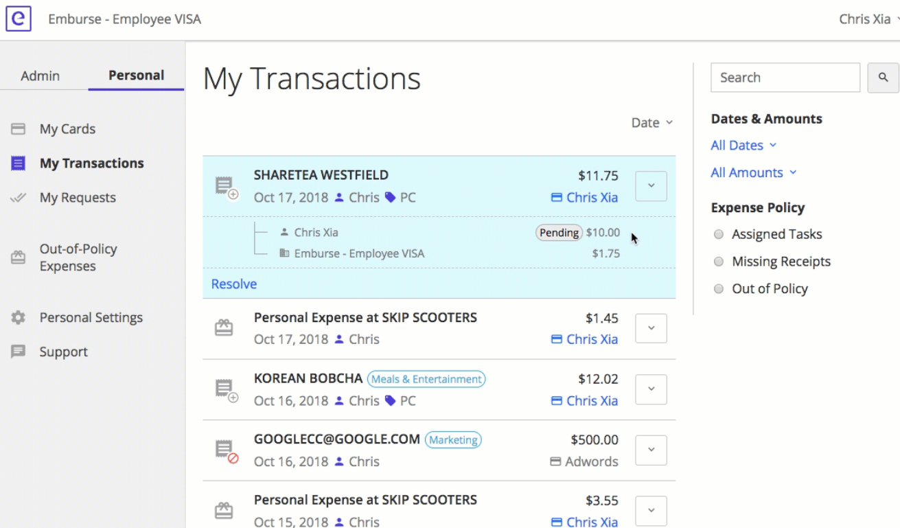 Emburse Cards Software - Emburse Cards personal transactions view