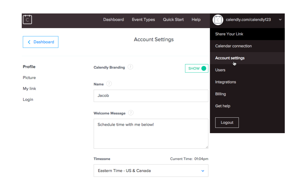 Calendly account settings