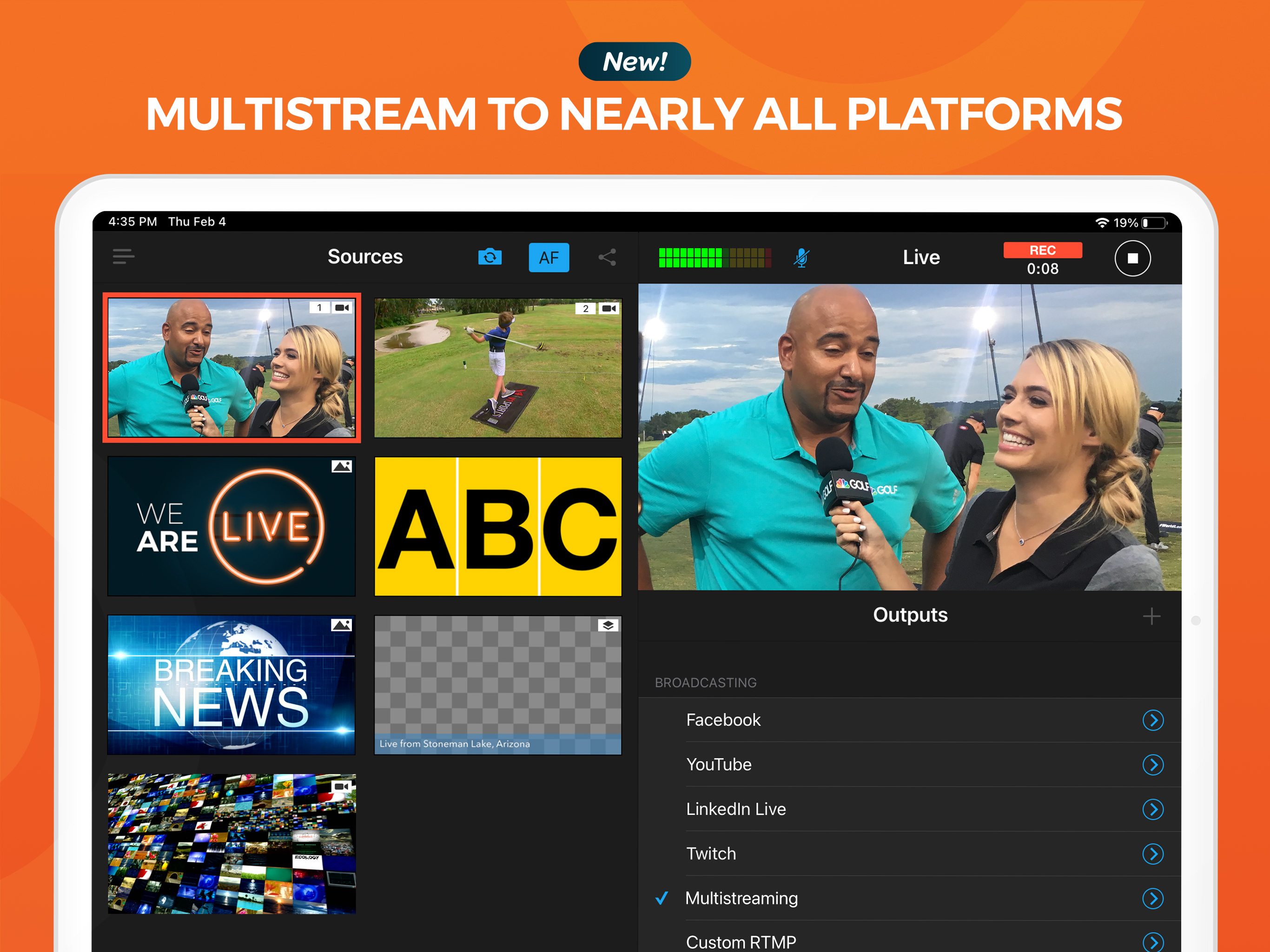 Multistream to two or more platforms at once! Have a Youtube channel and a Facebook Page? Now you don't need to choose between them!
