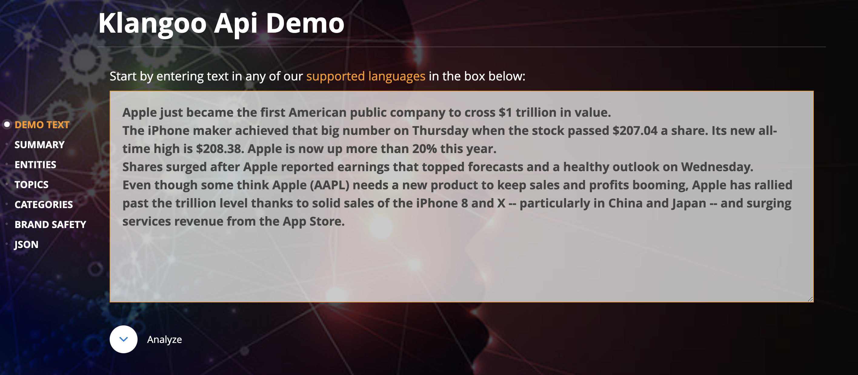 Klangoo NLP API screenshot: Klangoo NLP API analyze text