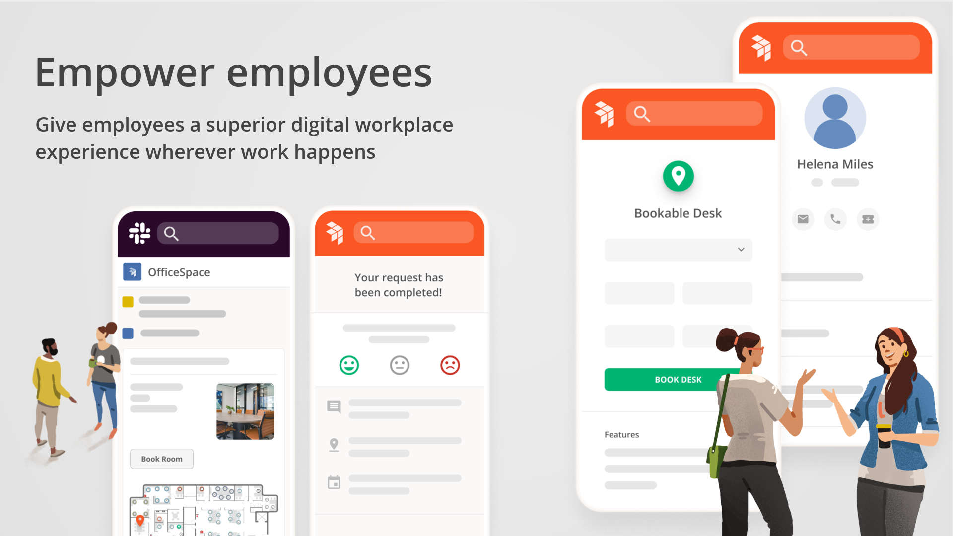 Help your employees find, book, and connect with everything they need via real-time workplace software that works on mobile app, Slack, and Microsoft Teams.