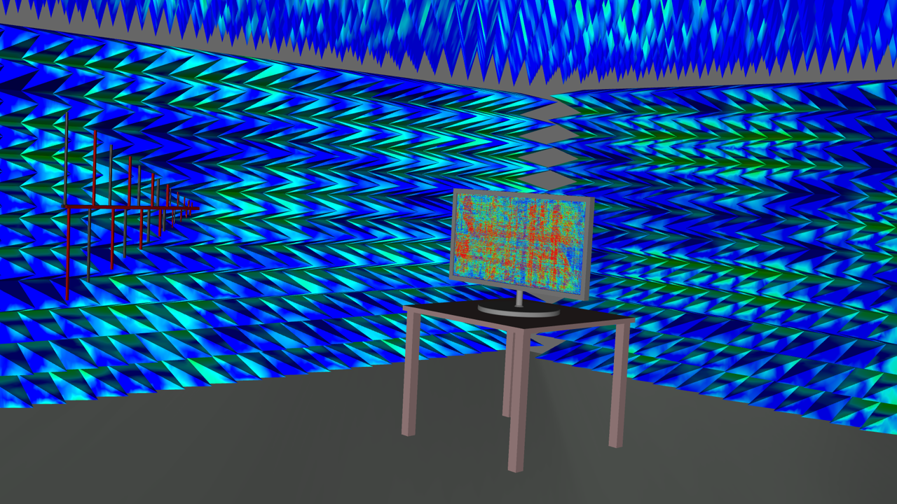 Simulate EM emissions from large systems: Touchscreen TV panel in an EMI chamber
