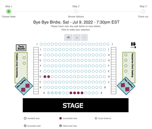 ThunderTix screenshot: Beautifully designed seating chart accurately represent your venue with custom graphics.