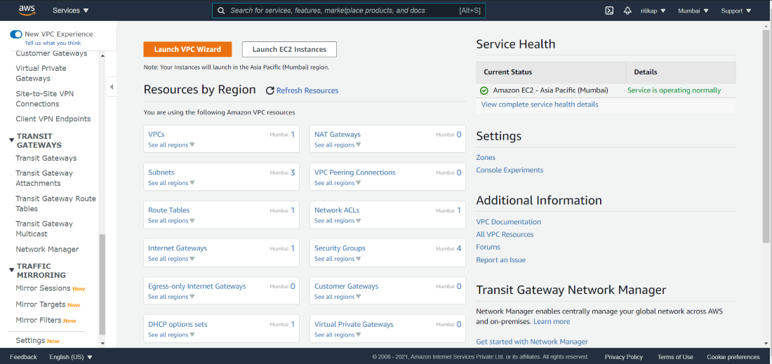 Amazon VPC screenshot