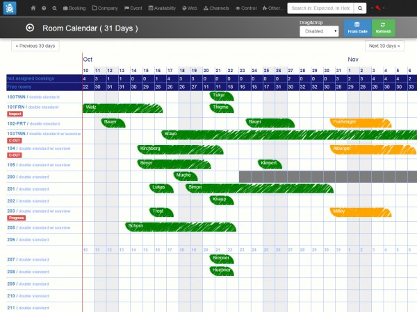 Clock PMS screenshot: Use the room calendar to keep track of bookings and availability