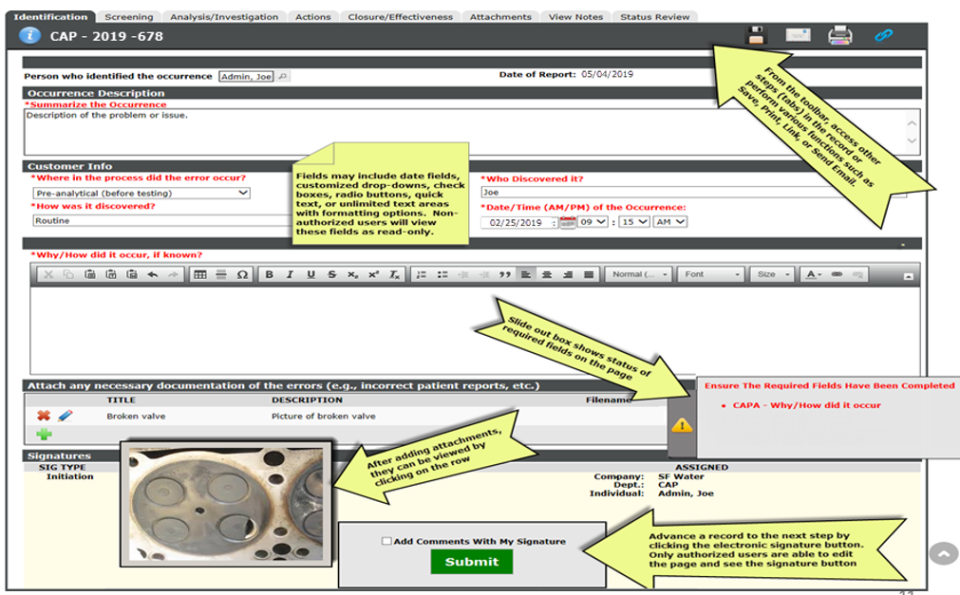 BPI System Software - Record Entry – Users are prompted to add both required (red) and non-required info.  Pictures, documents, videos, and any type of files can be attached. Dynamic Forms change dependent of how questions. Totally customizable to your companies growing needs.