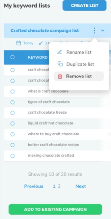 Clever Ads Keyword Planner manage lists