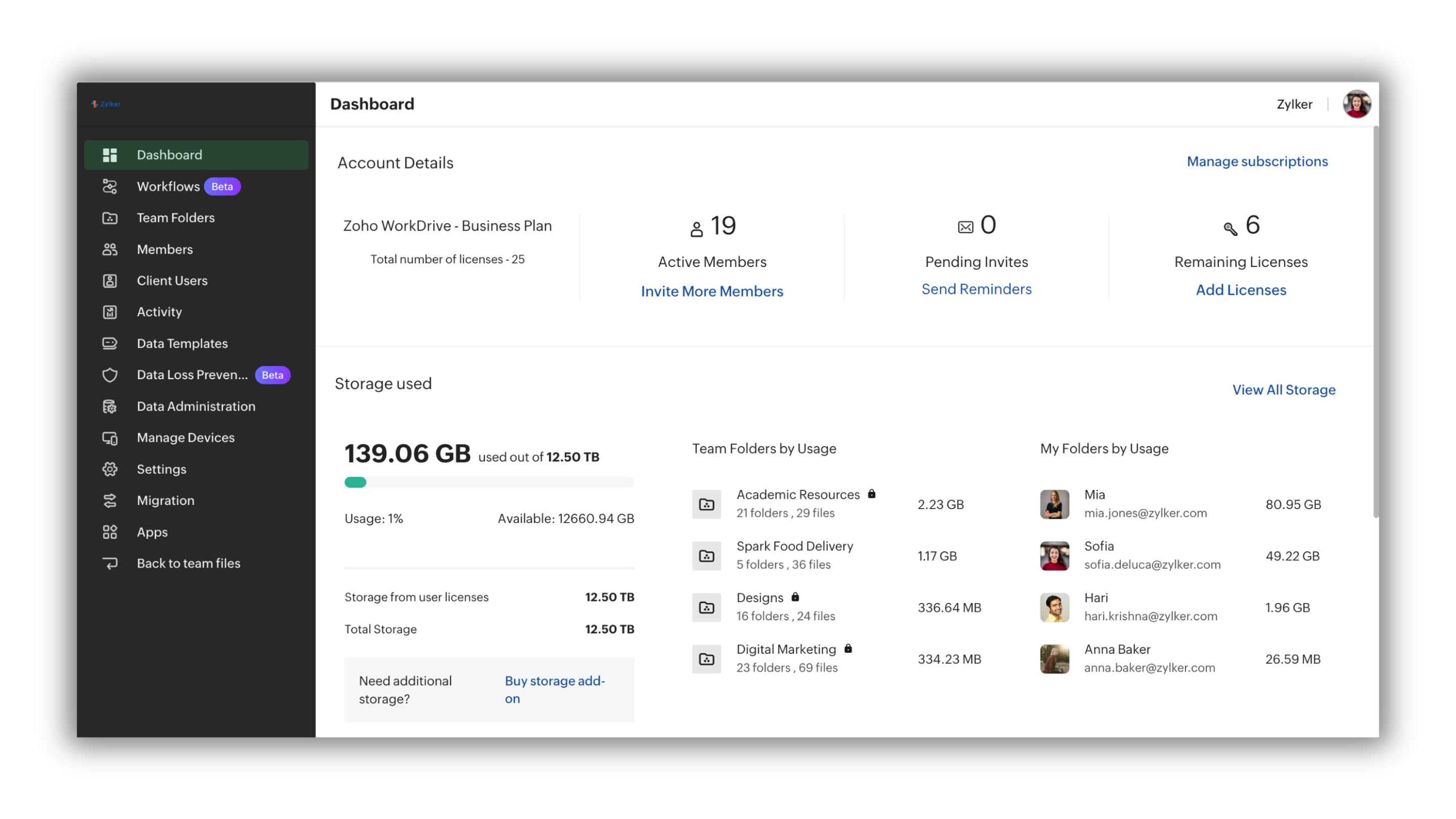 Zoho WorkDrive Software - Centralized admin console for user roles, workflows, security settings, team folders, and activity oversight.