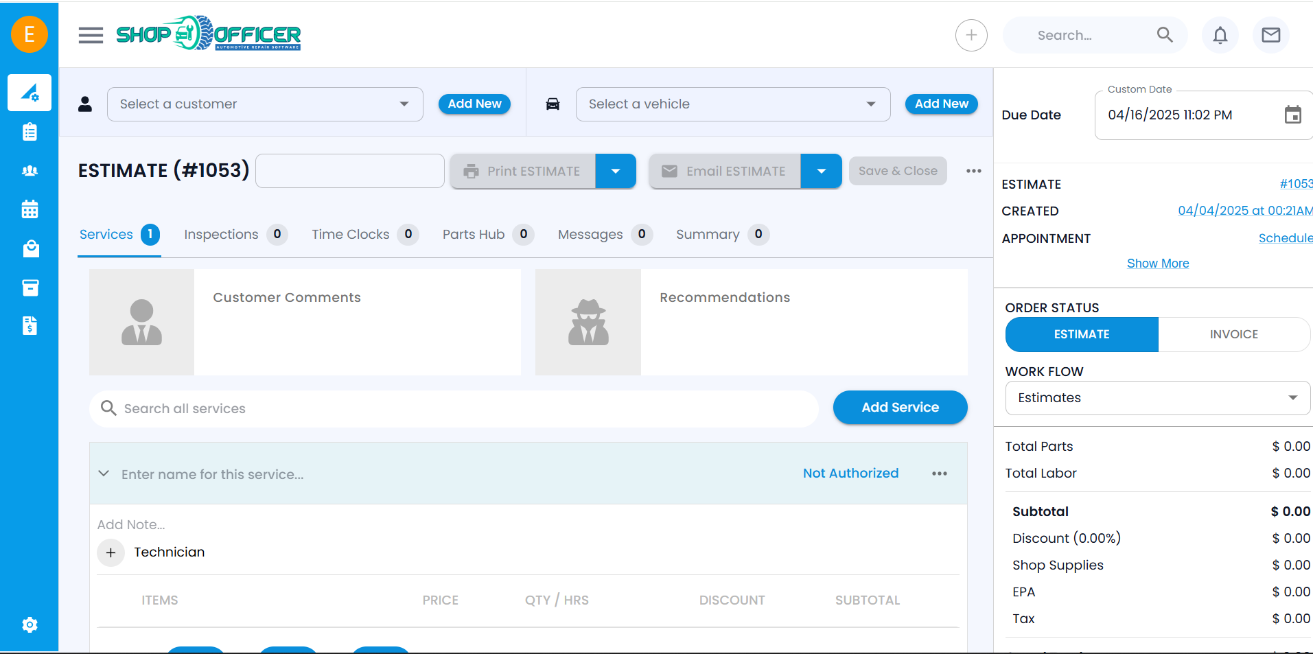 Shop Officer screenshot: Create estimates, assign techs, convert estimates to invoices, track payments, and schedule appointments, all in one easy-to-use platform.