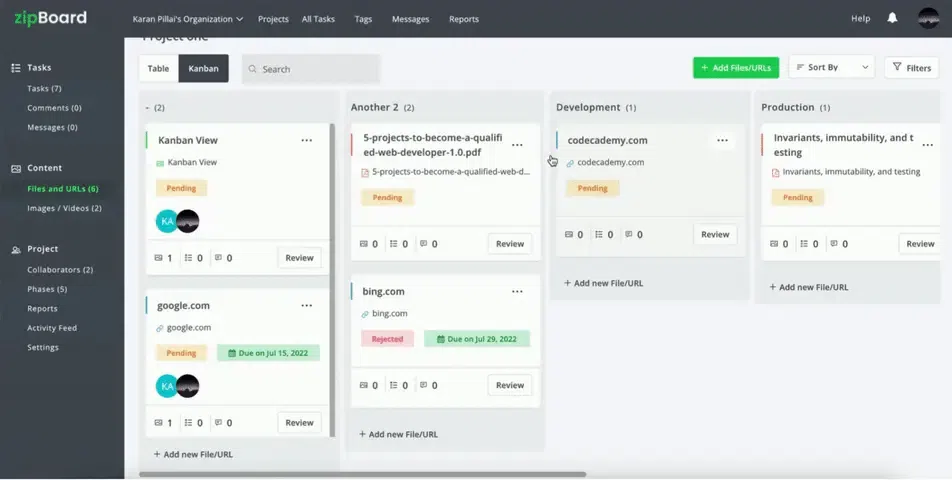 Kanban and table view for easy content/task management