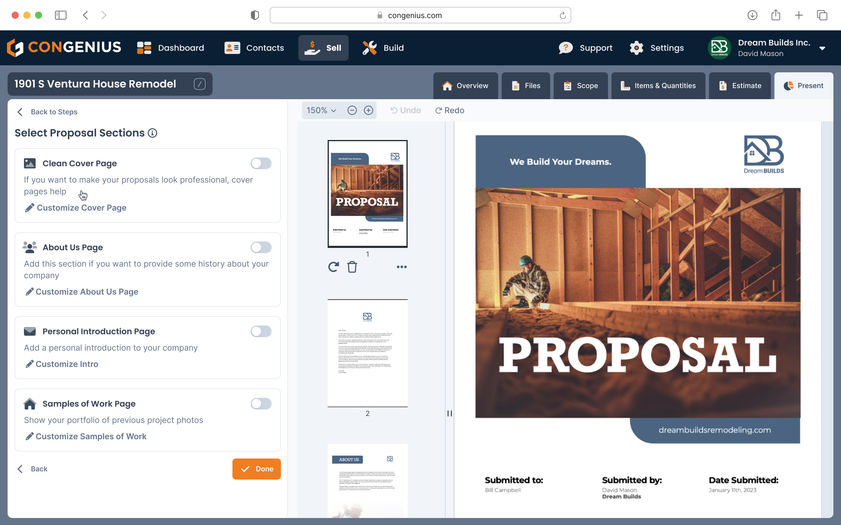 Easily and quickly build a professional proposal in ConGenius that will help you sell more jobs. Once all fields and photos are added, send out your proposal for an electronic signature to close jobs faster.