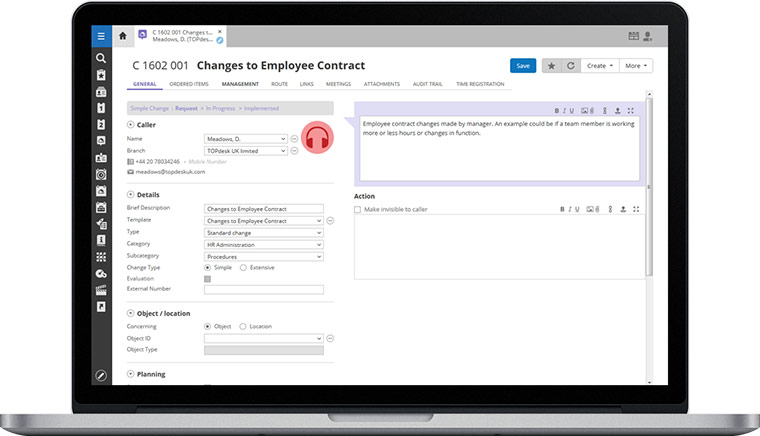 TOPdesk Software - Change management tools allow technicians to register recurring processes and procedures in ITIL-based templates