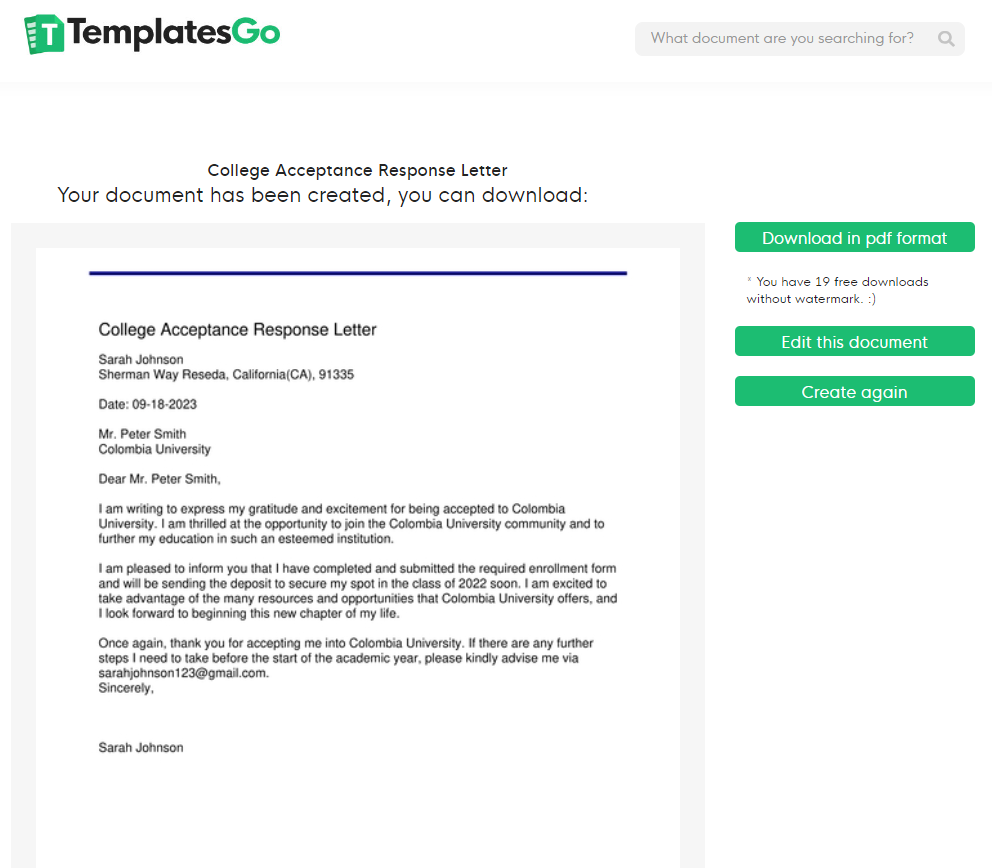 Templatesgo document generation tool - Download document section